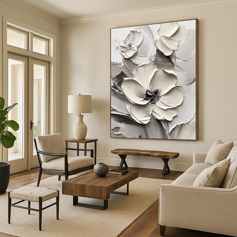 Large abstract painting of white flowers in thick impasto style on a white background, creating a striking monochromatic effect.STSC513