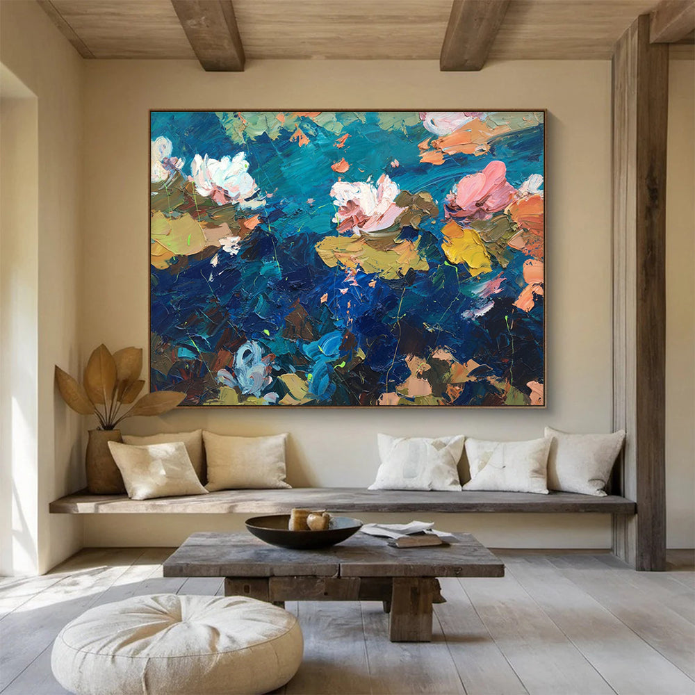 Blue Pink Water Lilies Abstract Painting THY482