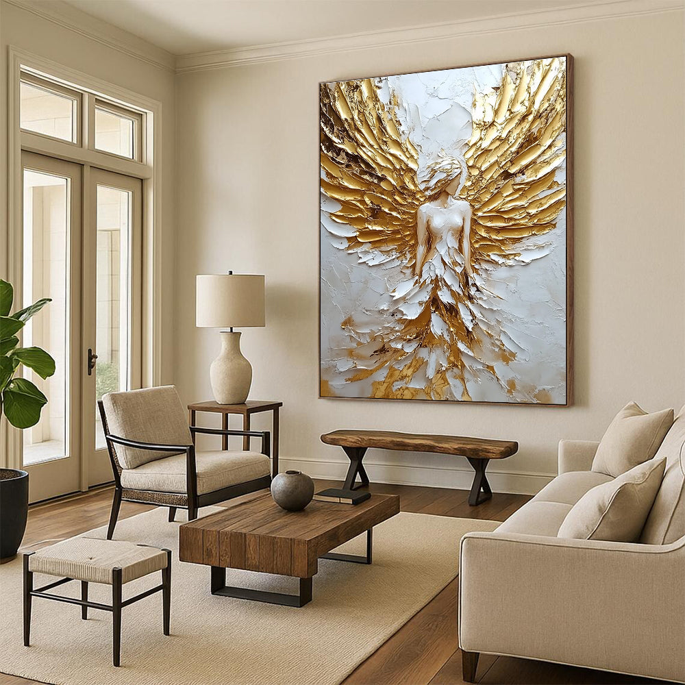 Large abstract painting of an angel with golden wings on textured canvas showcasing a white and gold color palette.STSC142