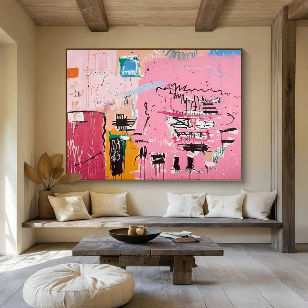 Pink Abstract Graffiti Painting with Pink, Black, and Colorful Doodles THY198