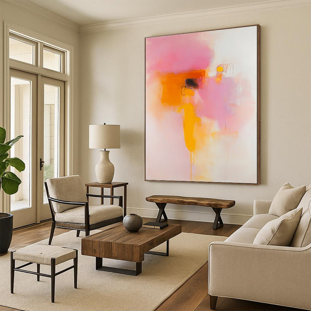 Large abstract painting featuring peach and pink hues with blurred forms and clear lines on a white background in soft orange yellow and red tones.STSC1409