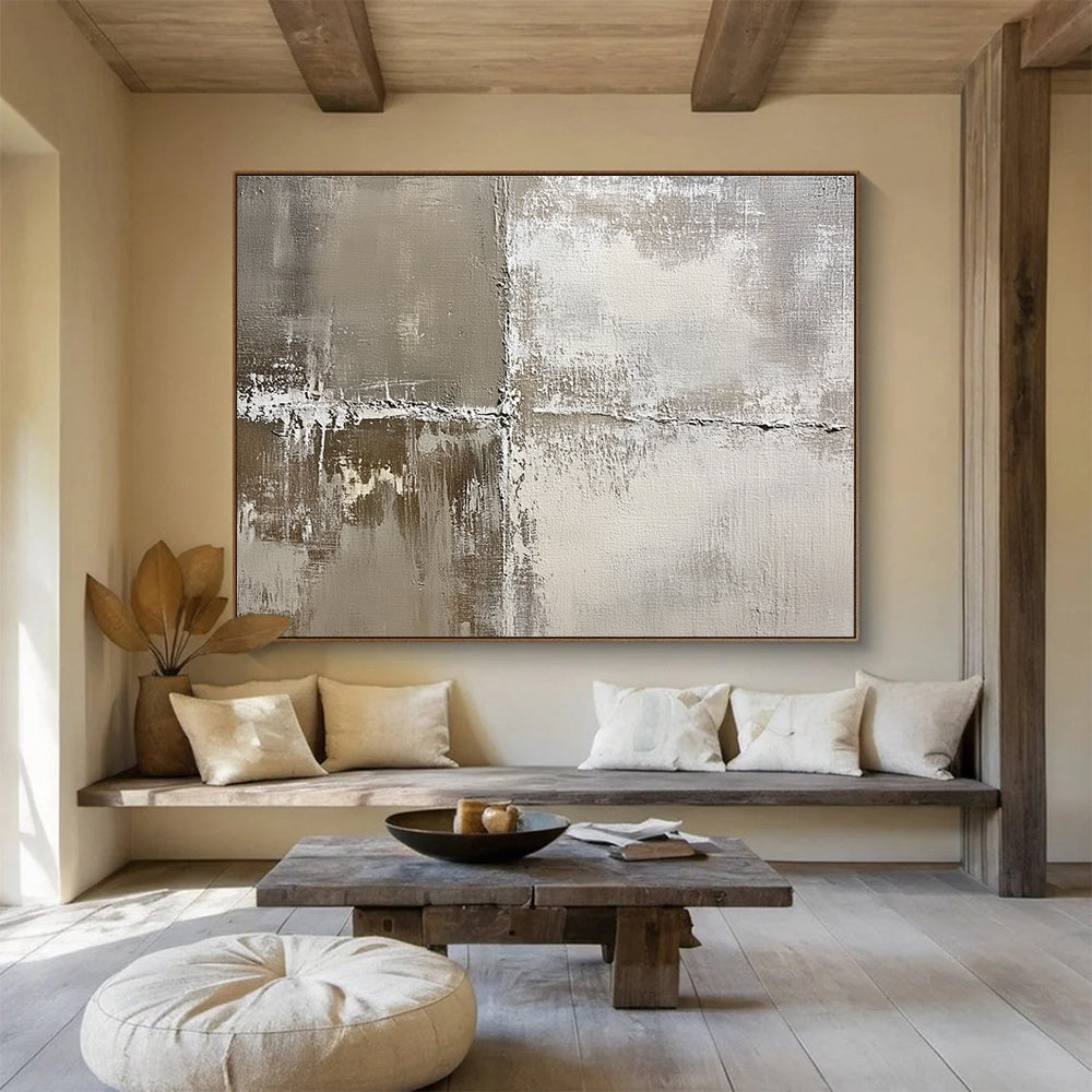 Abstract painting featuring an aged textured canvas in soft neutral tones evoking nostalgia with weathered effects of grays and whites.SC445