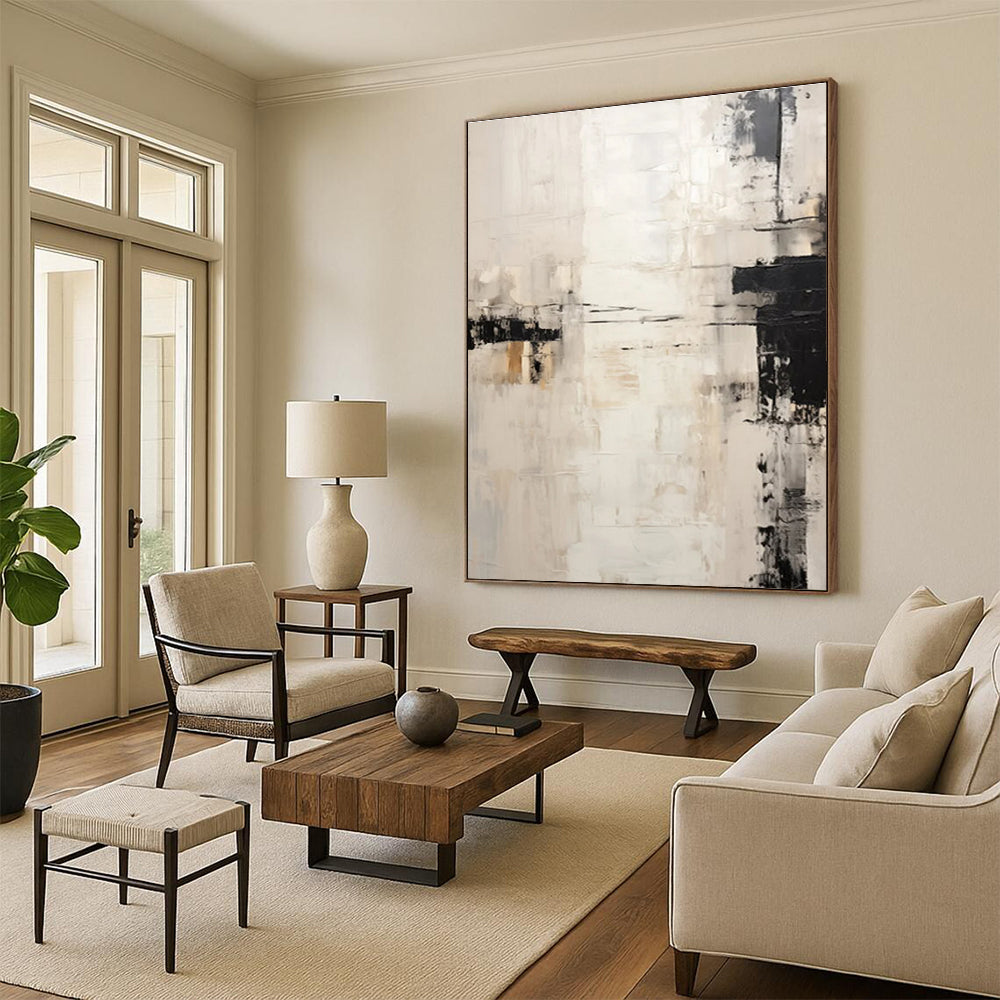 Monochromatic Minimalist Abstract Painting with Black and Beige ADGE131