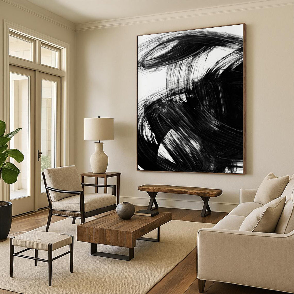 Black Ink Abstract with Expressive Brushstrokes Painting ADGE195
