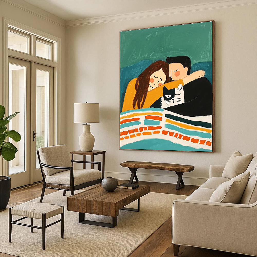 An abstract painting depicting a couple cuddling on a sofa with their cat under a colorful striped blanket against an emerald green background.STSC974