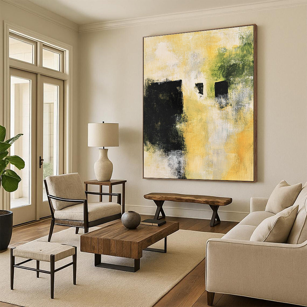 Yellow Green Abstract Painting with Dark Accents GER754
