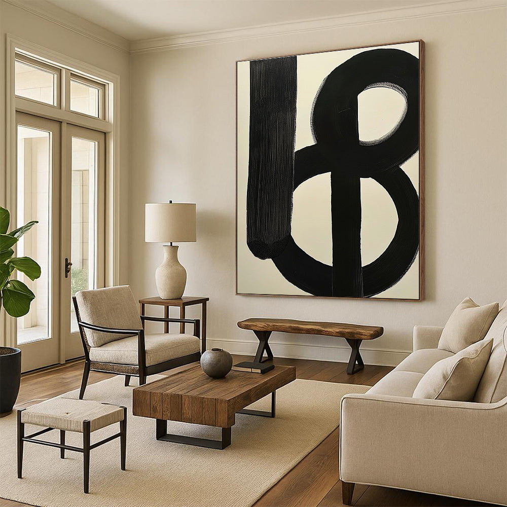 Large abstract painting featuring simple black and white shapes inspired by Jackson Pollock's style.STSC378