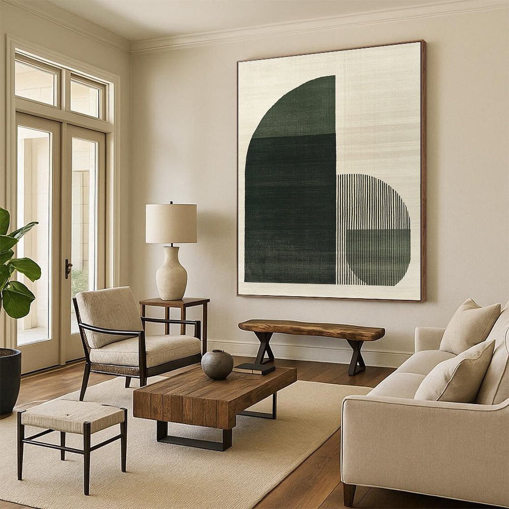 Large abstract painting featuring green and grey arch shapes with three dark gray stripes on a light beige textured background.STSC1081
