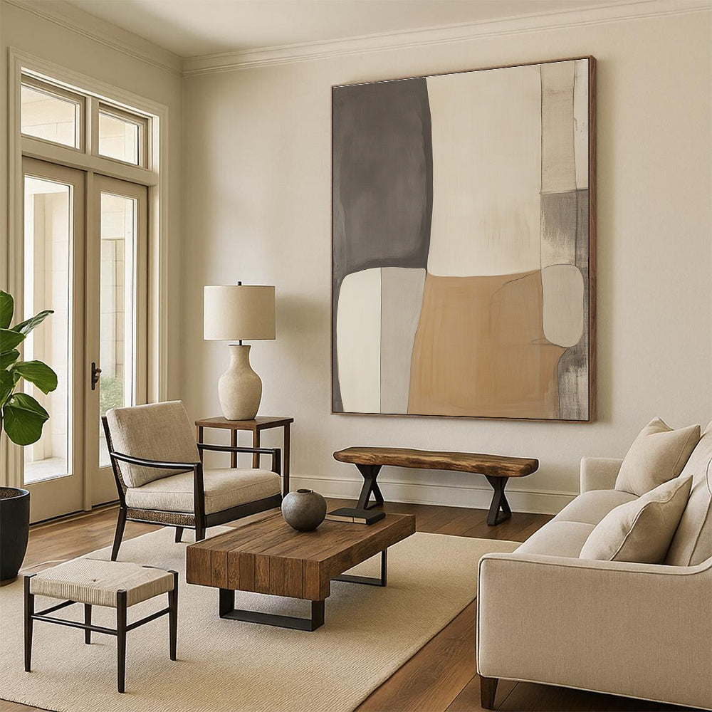 Large abstract artwork in shades of gray beige and white featuring minimalist design in a style reminiscent of Pablo Picasso.STSC478