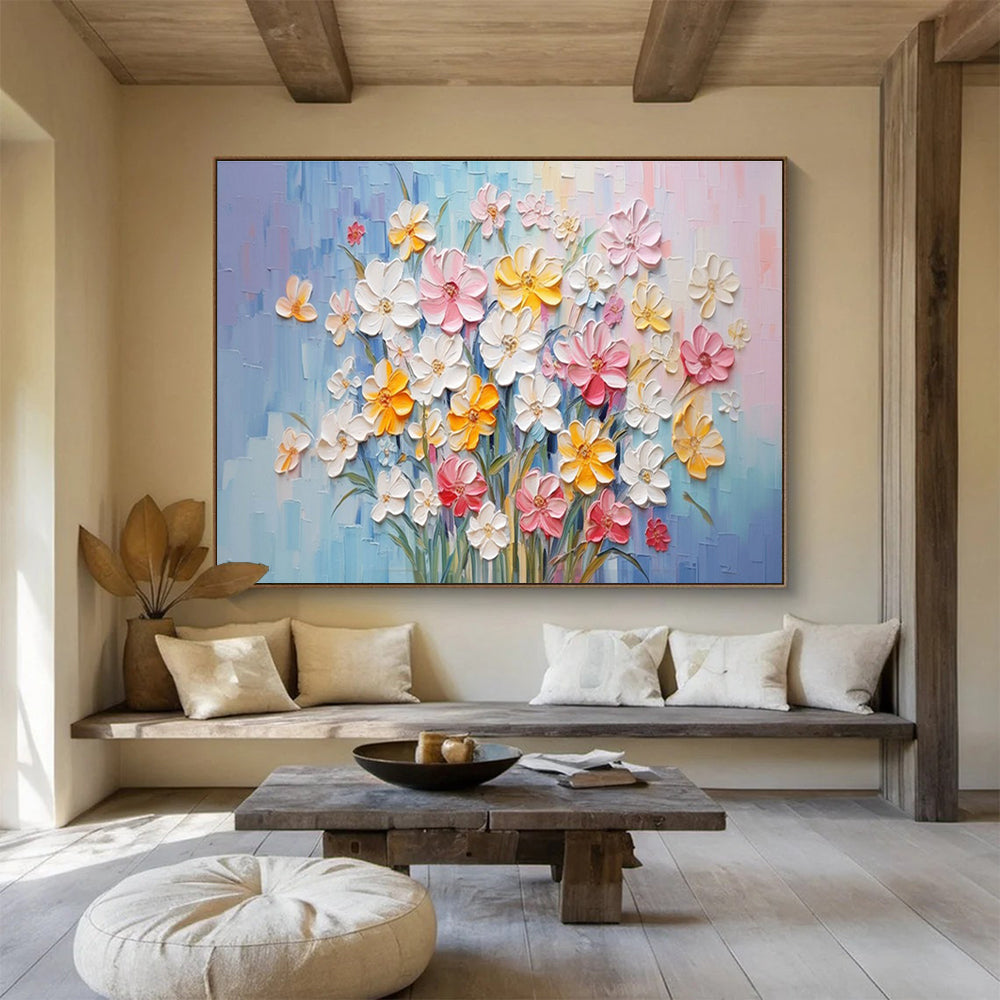 Textured Flower Bouquet Abstract Painting with Pink, Yellow, and White Tones THY210
