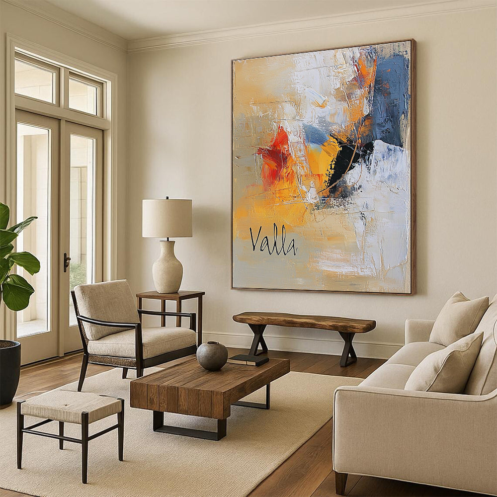 Large abstract oil painting in warm beige and cool whites features cursive "Valla" with textured brushstrokes and two happy figures in black attire.STSC580