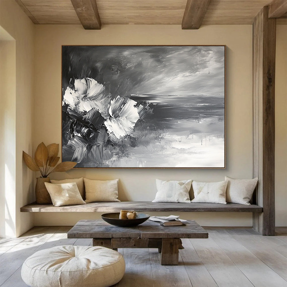 Black and White Flower and Sea Abstract Painting with Impasto Technique DYP177