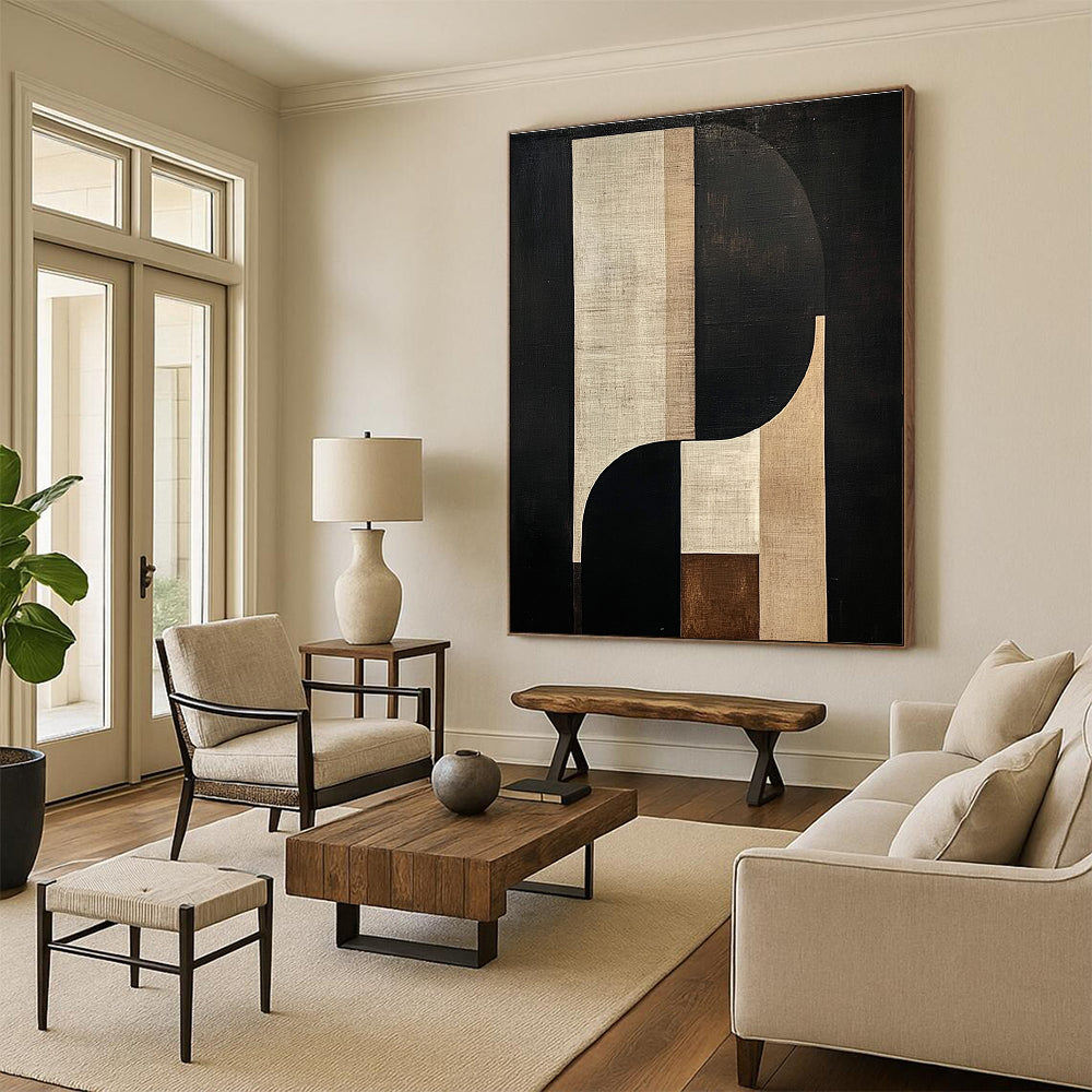 Large abstract painting features geometric and organic shapes in beige and brown tones against a black background with a central tall white shape.STSC1058