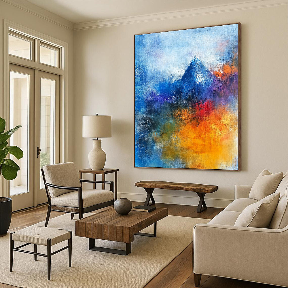 Abstract painting featuring a sacred mountain with vibrant blue and orange hues, human figures in prayer, and a blurred Christ figure, conveying deep spiritual themes.STSC249