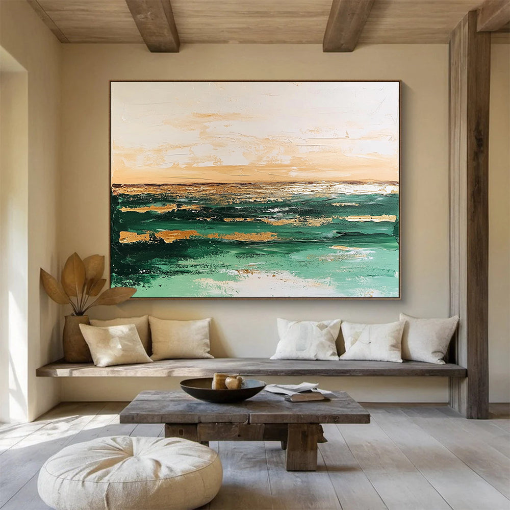 Large abstract painting with green and beige tones depicting a tranquil sea and soft sky against a muted white background, creating an elegant vintage feel.SC080