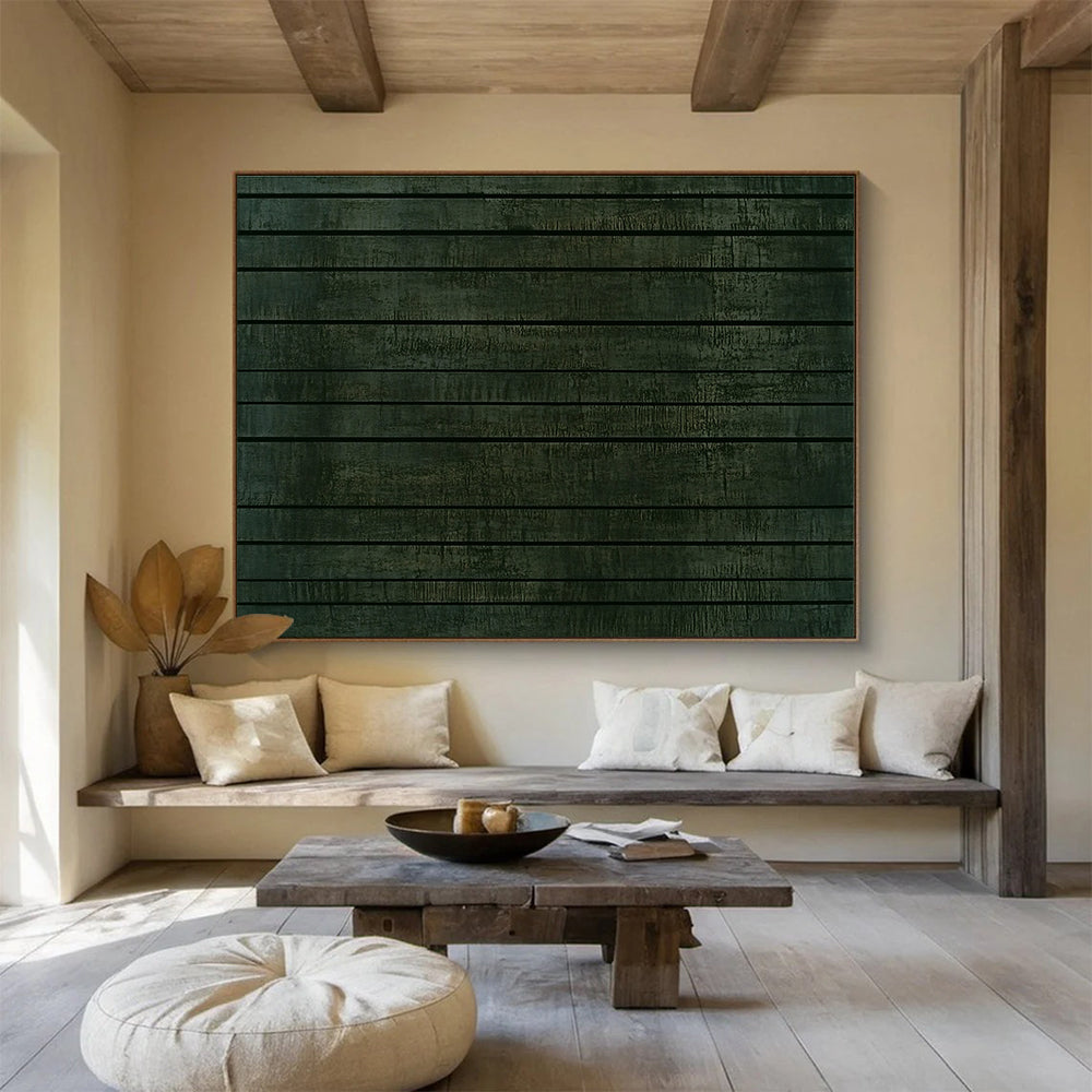 Large abstract painting featuring a textured dark green wall with horizontal stripes, evoking ancient Chinese architectural elegance.SC458