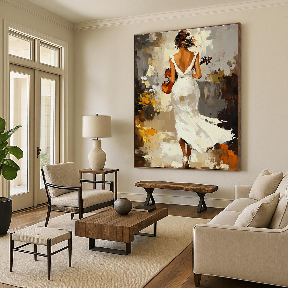 Abstract painting of an elegant woman in a flowing white dress holding a violin amidst warm impressionist scenery with visible brush strokes.STSC1379