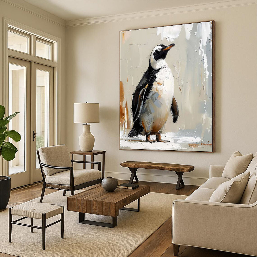 Textured Penguin Portrait Abstract Painting with Neutral Background ADGE496