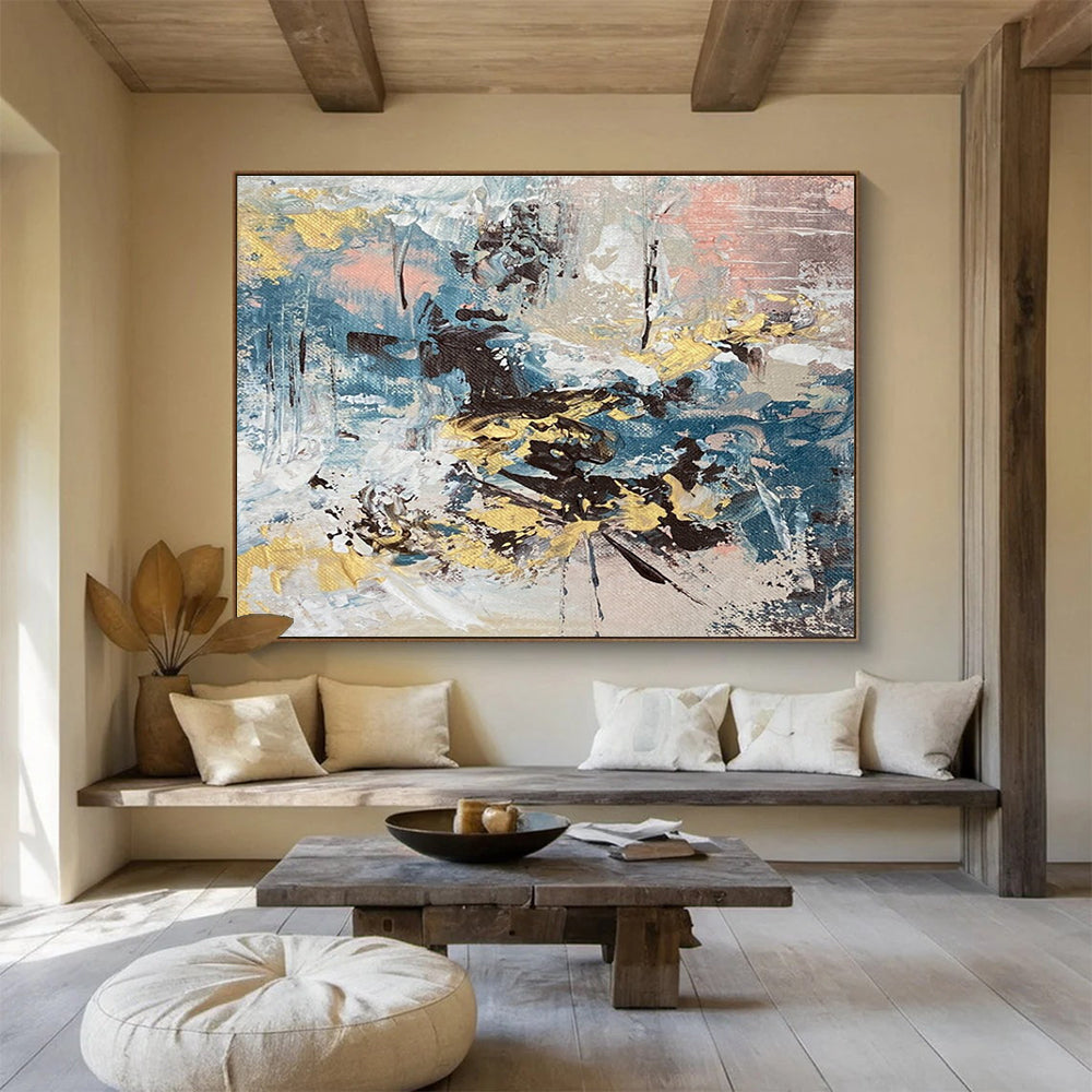Colorful Abstract Blend Painting with Blue, Yellow, and Pink Hues THY340