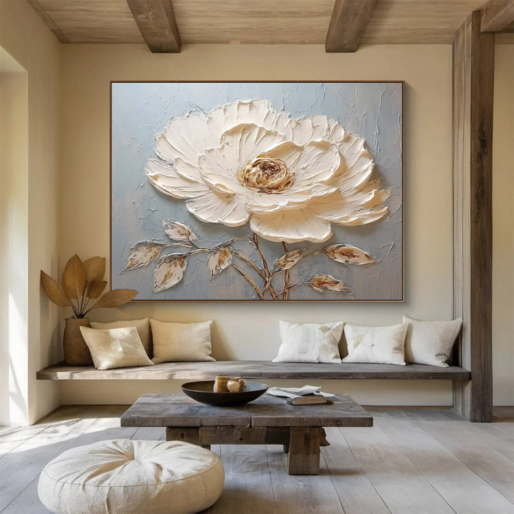 Single White Flower Abstract Painting with White, Brown, and Blue Tones THY175