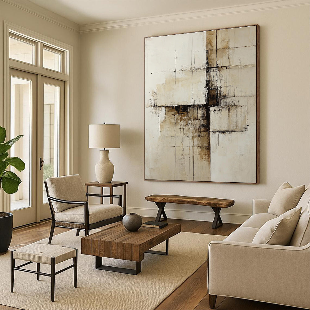 Beige and Brown Abstract Painting with Architectural Lines GER547
