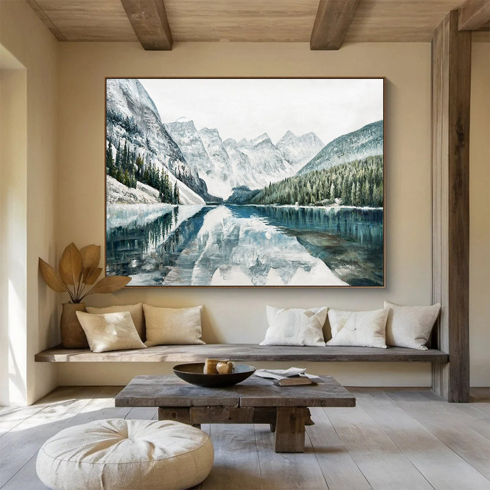 Snowy Mountain Lake Abstract Painting with Blue, White, and Green Tones THY221