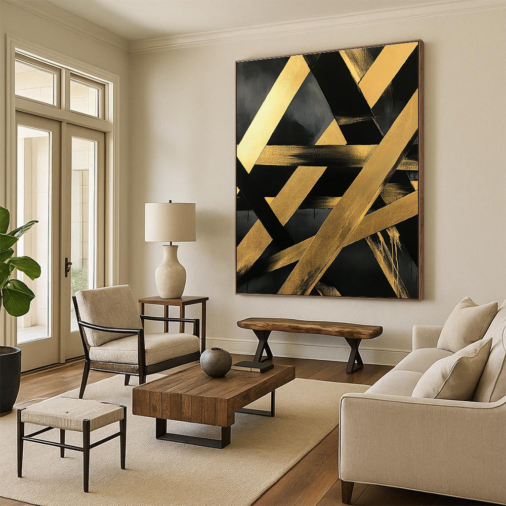 Large abstract painting featuring gold and black diagonal lines on a dark gray background with textured brushstrokes and intertwined golden metal beams.STSC1129