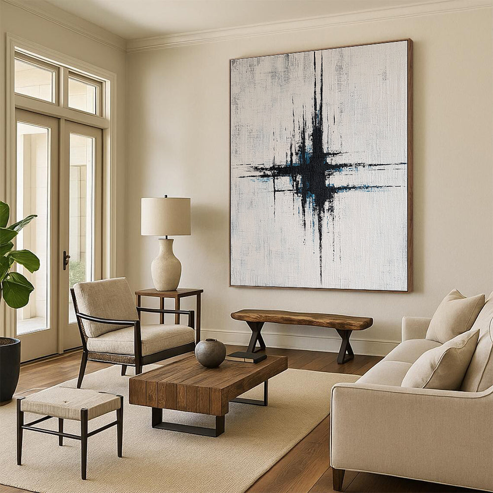 Large abstract painting with vibrant blue and gray lines on a white background featuring vertical brushstrokes and dynamic light effects.STSC439