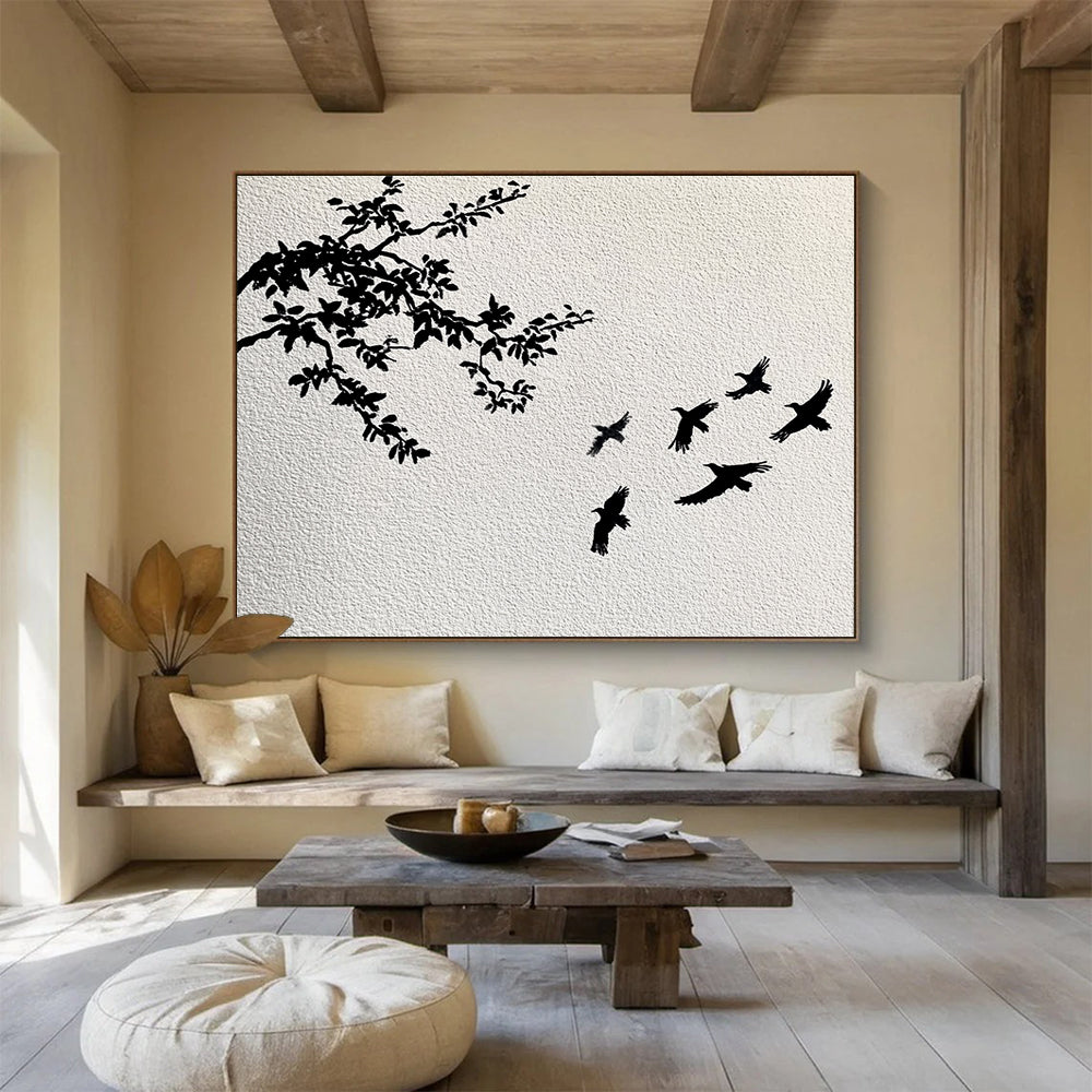 Black White Tree - Bird Silhouette Abstract Painting DYP026