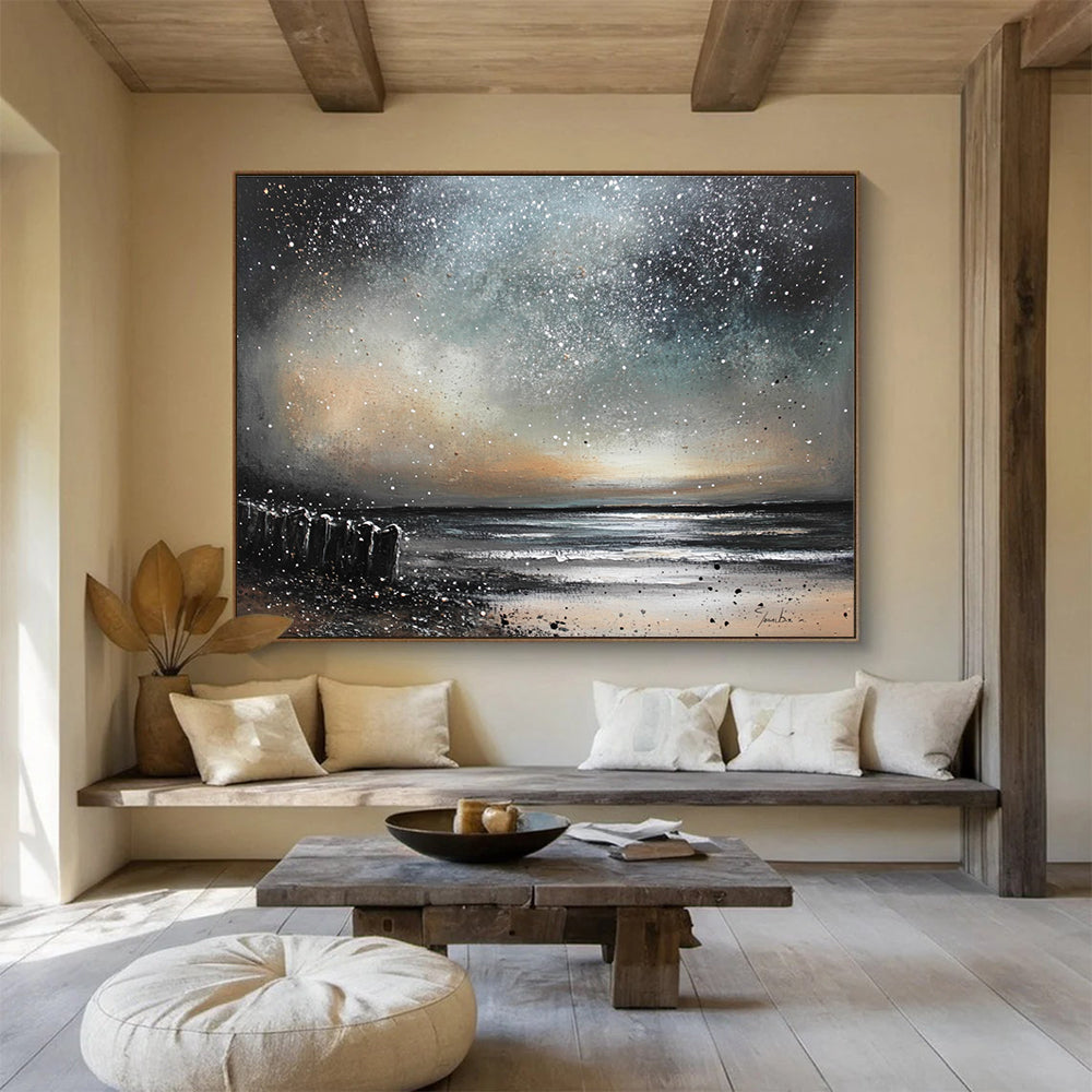 An abstract painting of a night sky over the ocean with silver and bronze stars falling like snow, crafted in oil on canvas.SC529