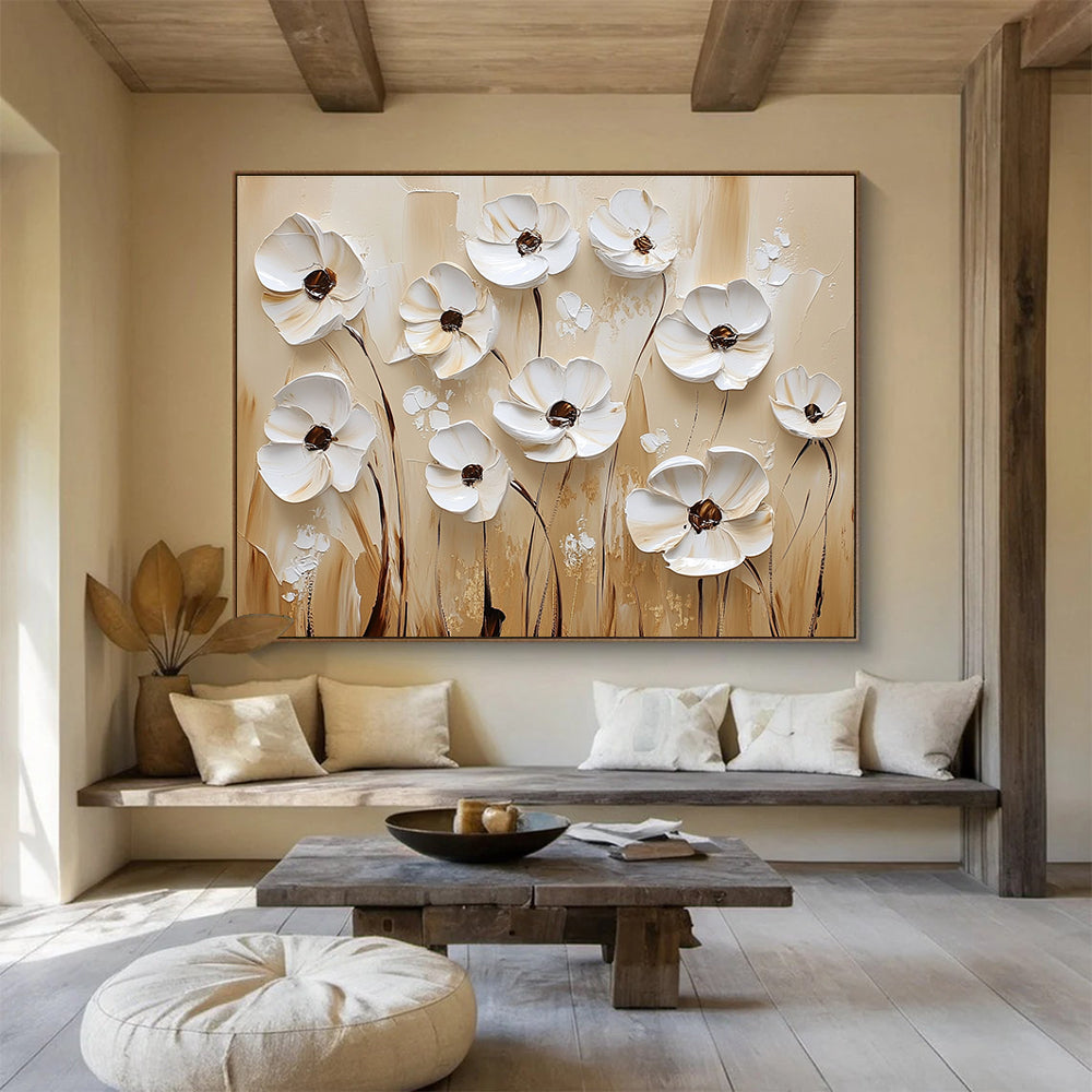 Large abstract painting featuring textured white flowers on a beige background with a white and brown color palette in oil paint.SC003