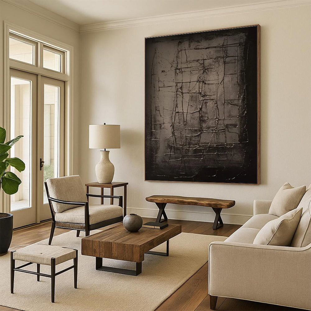 Dark Grid - Textured Abstract Painting with Subtle Tones ADGE450