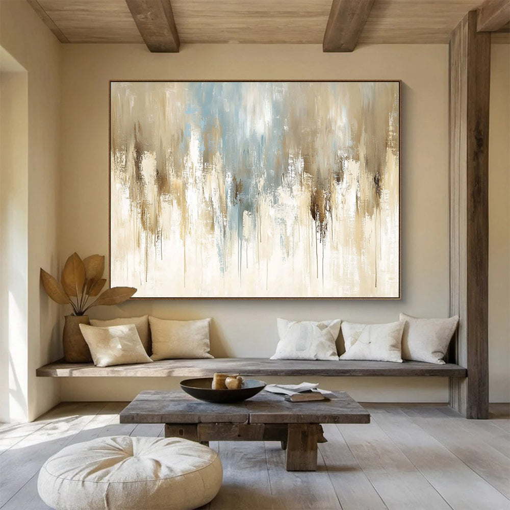 Large abstract painting featuring soft beige and light blue tones with vintage oil texture and elegant paint drips on canvas.SC009