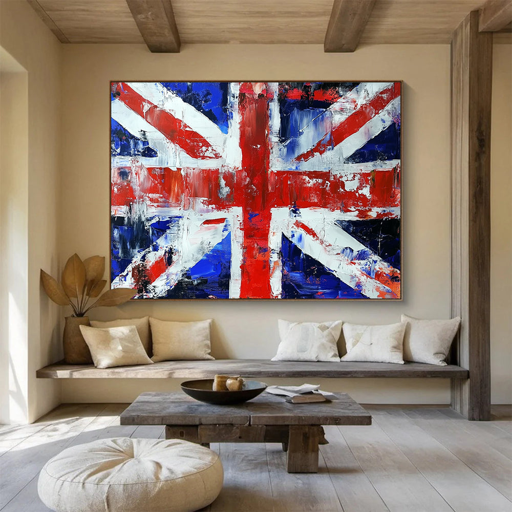 Large abstract painting of the British flag featuring a vibrant palette knife technique for a striking visual impact.SC200