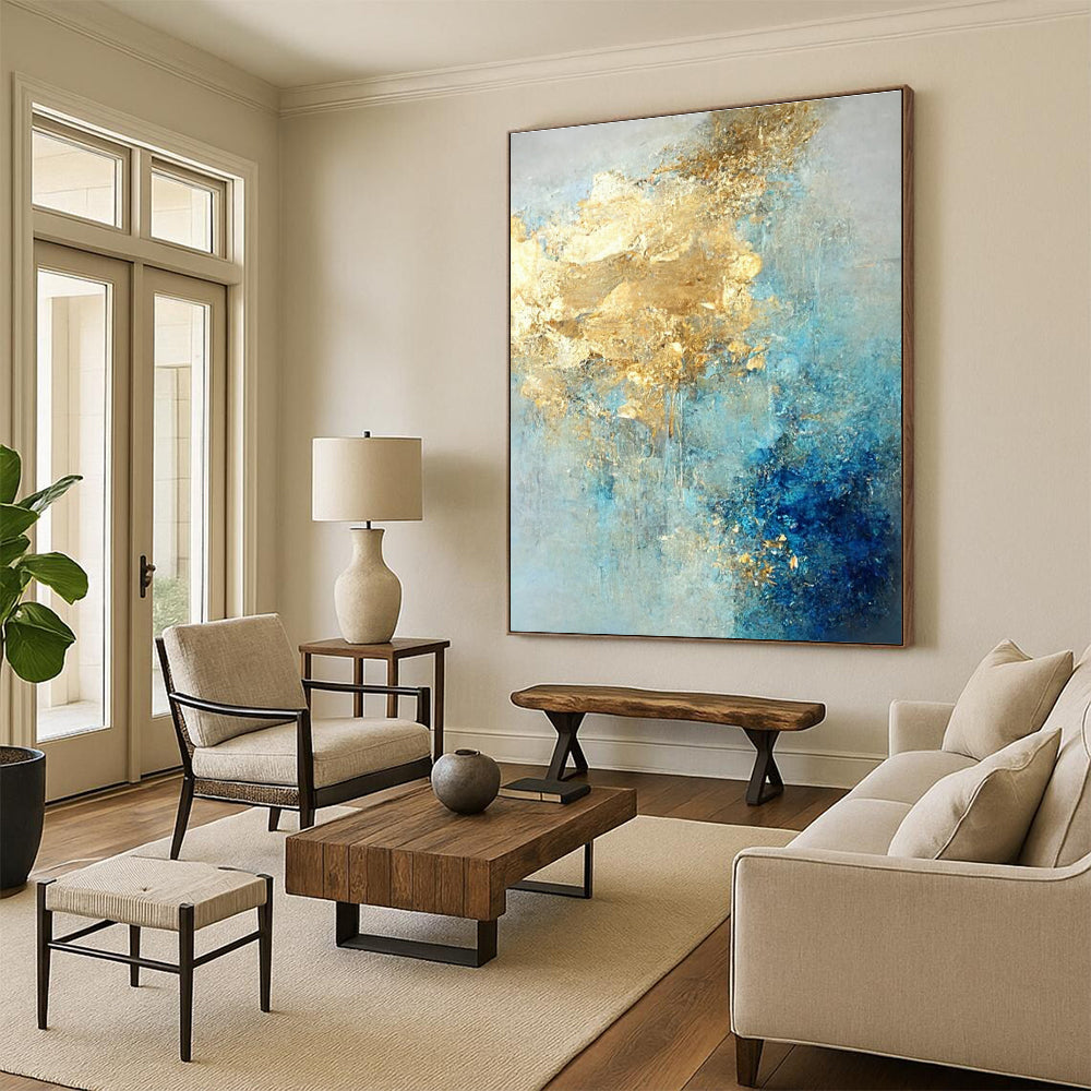 Blue and Gold Abstract Painting with Flowing Textures ADGE071