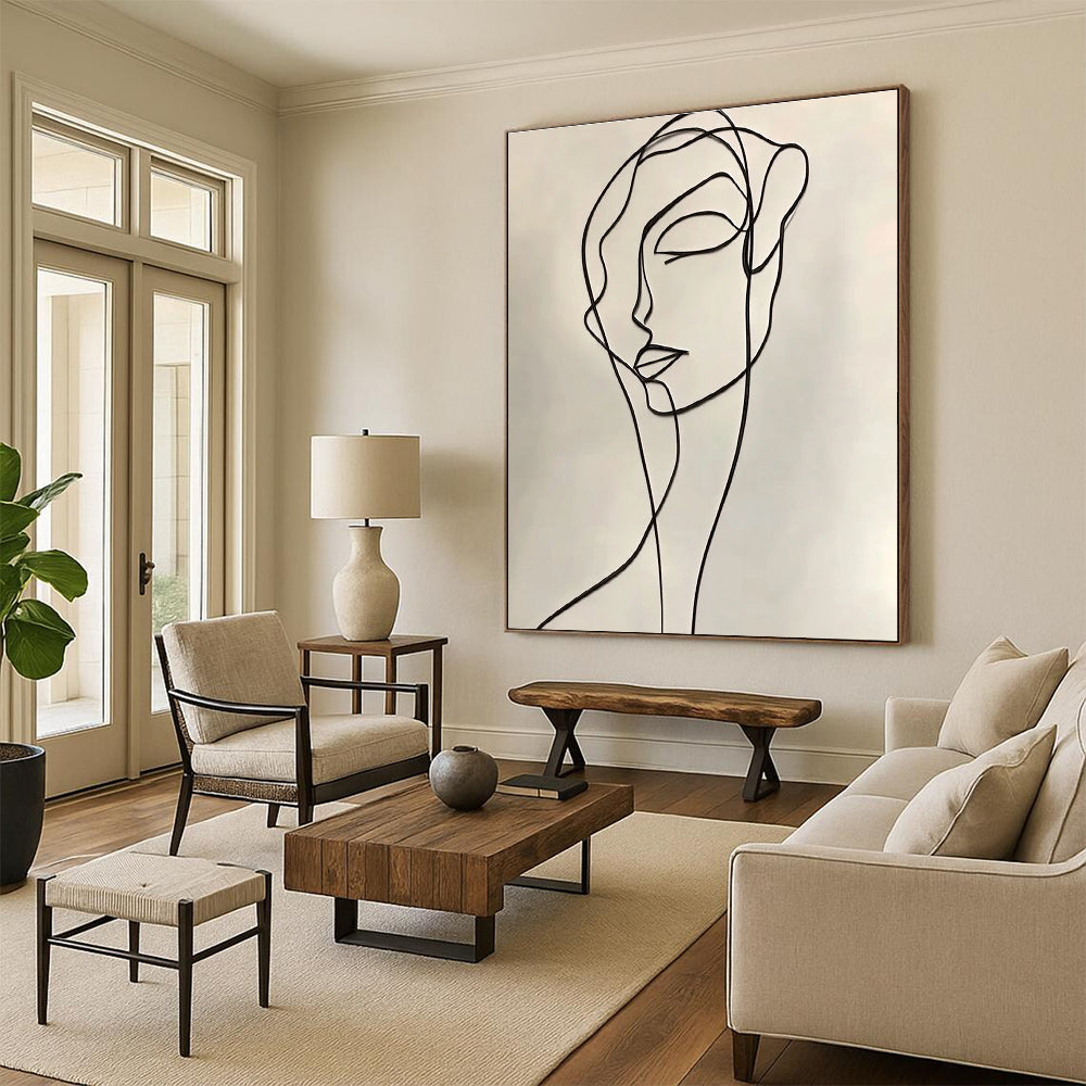 A large abstract drawing featuring a continuous line contour of a woman in elegant black ink on a white background, inspired by Henri Matisse.STSC1190
