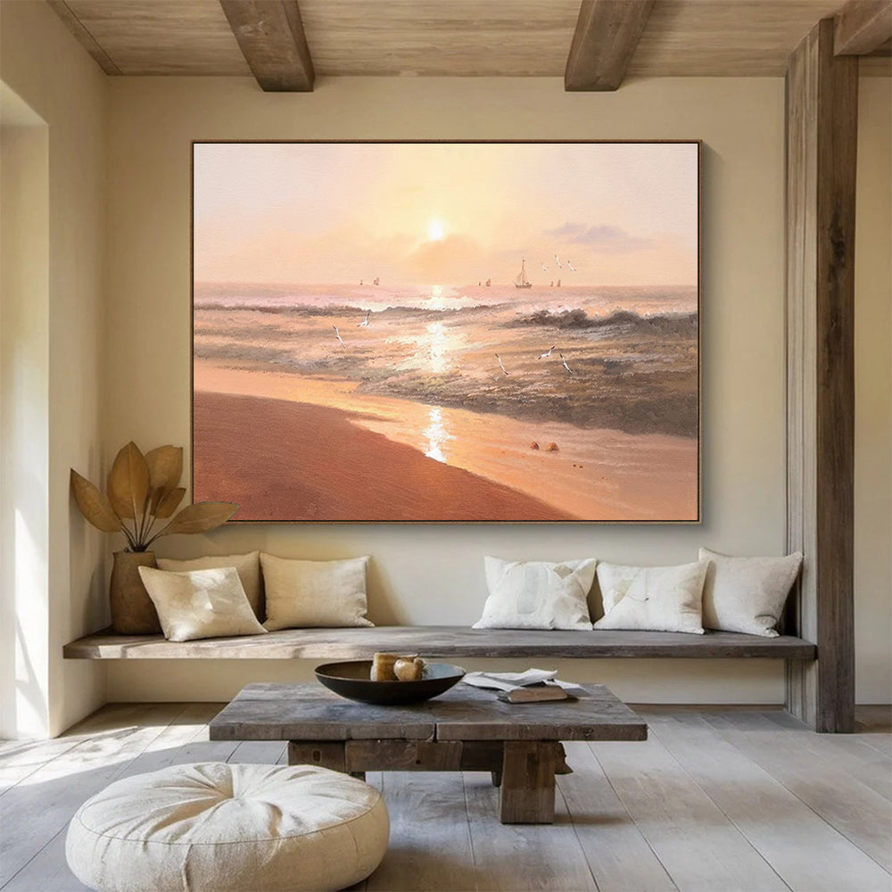Warm Seaside Sunset Abstract Painting with Golden Hues THY266