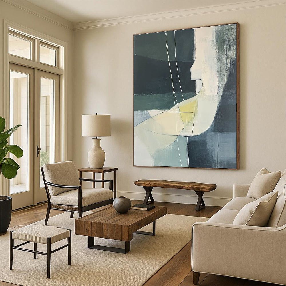 Large abstract painting featuring a woman's body in soft green and grey tones with white lines and yellow details on a black background.STSC672