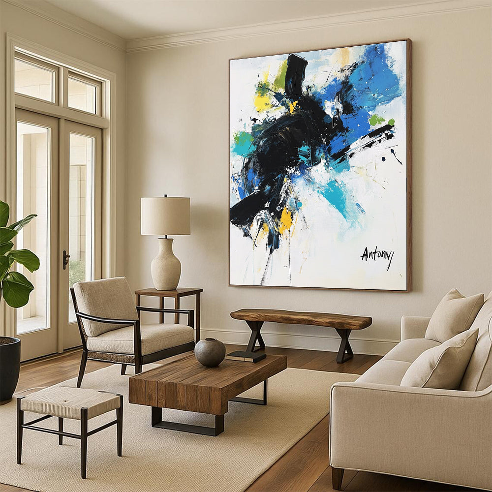 Abstract painting with black brush strokes and blue green yellow accents featuring the name Antony in large letters against a white background.STSC038