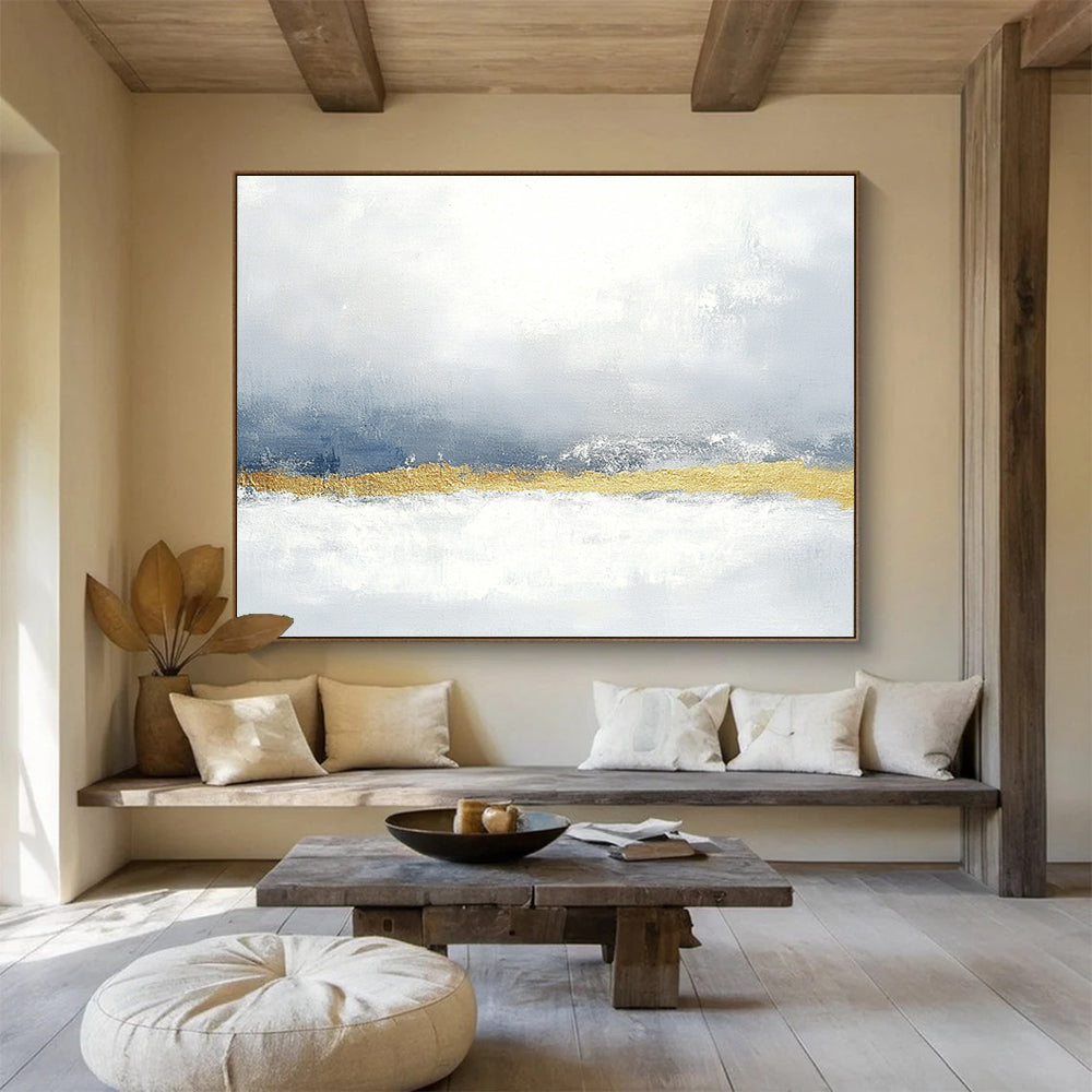 Large abstract painting in muted gray and blue with gold accents soft texture and calming minimalist style perfect for any space.SC066