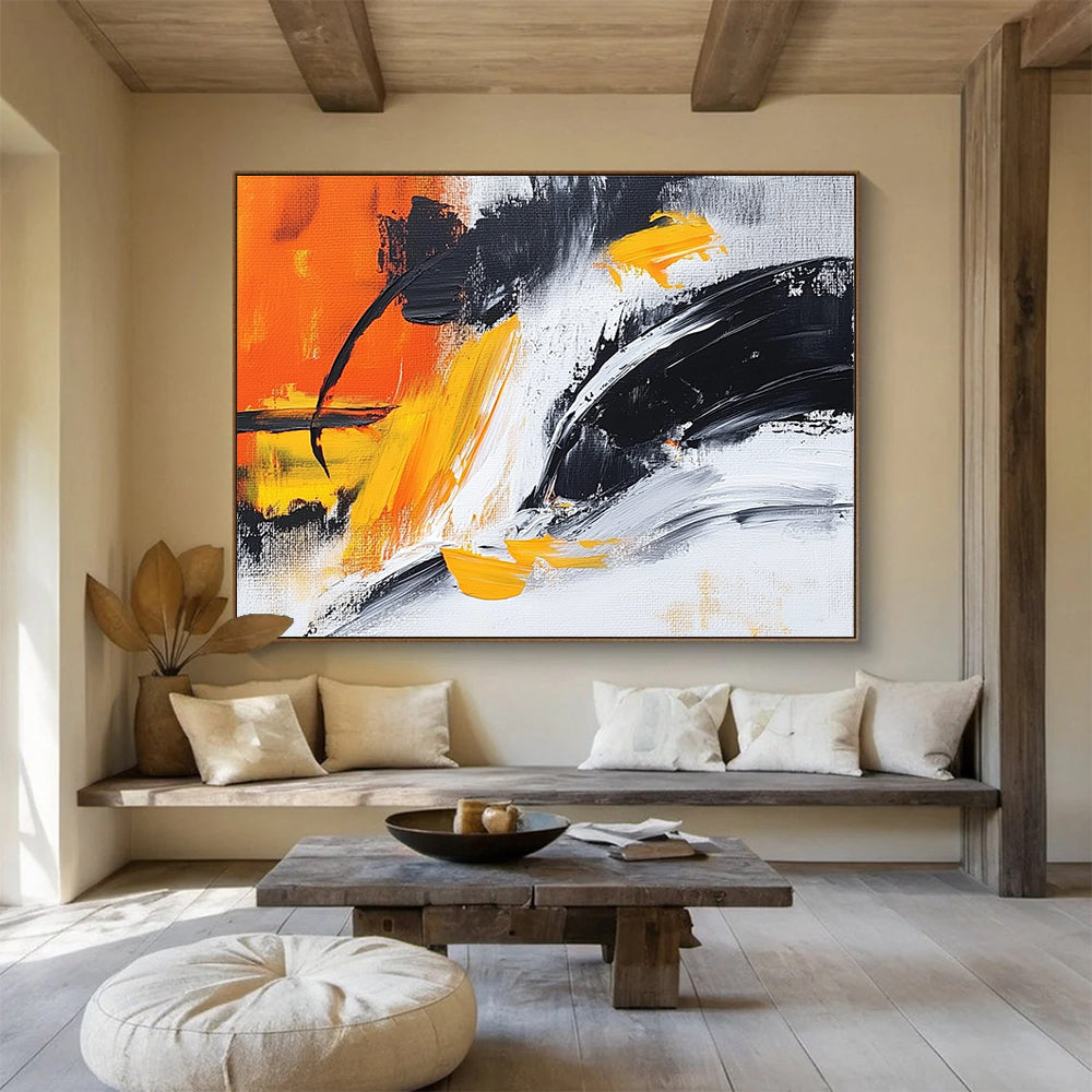 Orange Yellow Black Abstract Painting with Dynamic Brushstrokes DYP301