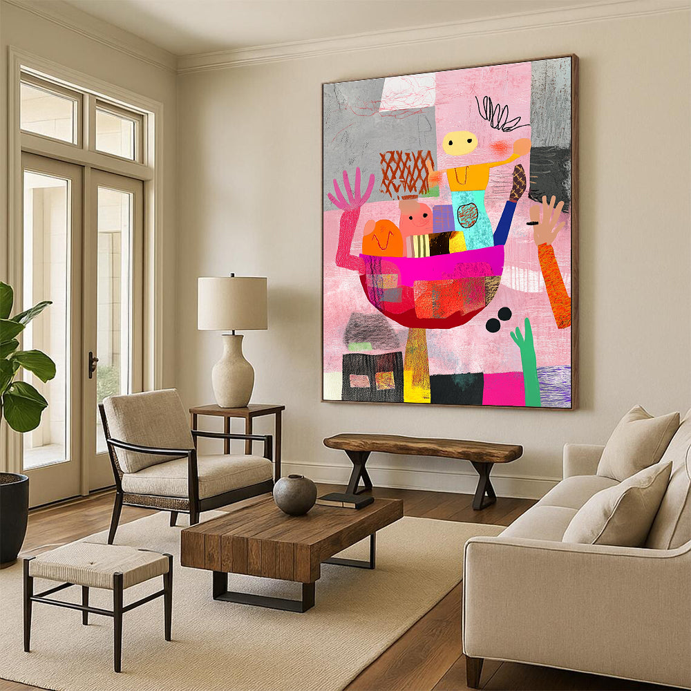 Large abstract artwork featuring whimsical shapes and people carrying an oversized food bowl against a pink and gray backdrop with colorful hand-drawn patterns.STSC968
