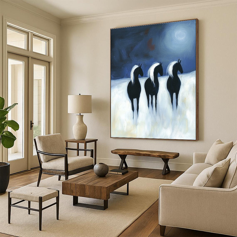 Abstract painting featuring three black horses with white manes running under moonlight on a white background in a flat two-dimensional style.STSC1443