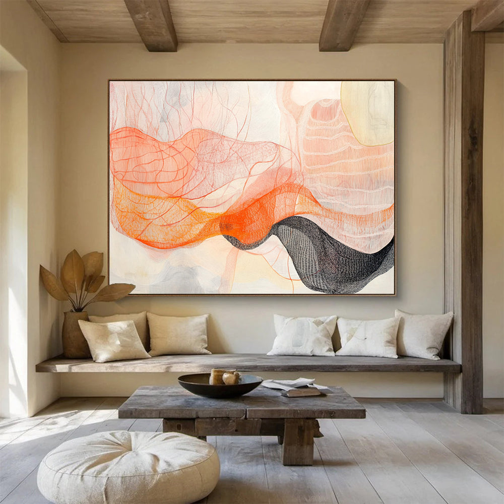 Line and Color Wave Abstract Painting with Orange and Black DYP462