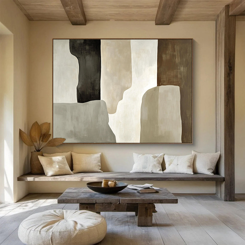 Large abstract painting featuring soft gray and beige tones with loose brush strokes and a prominent black shadow and tall monolithic shape.SC280