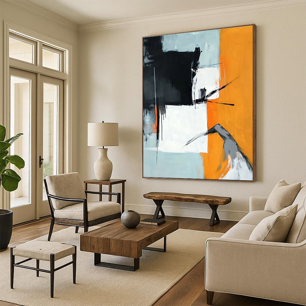 Large abstract painting in orange black and white featuring a grey figure reaching down against a light blue background.STSC725