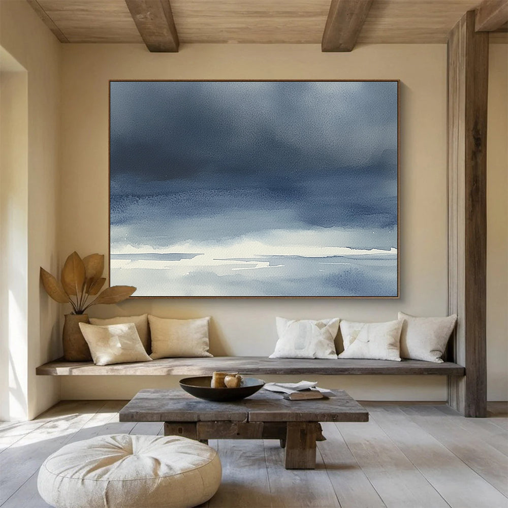 Blue Gradient Seascape Watercolor Abstract Painting with Soothing Tones DYP614