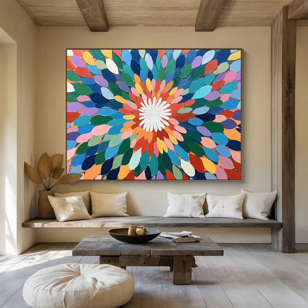A large abstract painting featuring colorful overlapping petals in shades of green, blue, pink, orange, yellow, and purple with a vibrant center.SC526