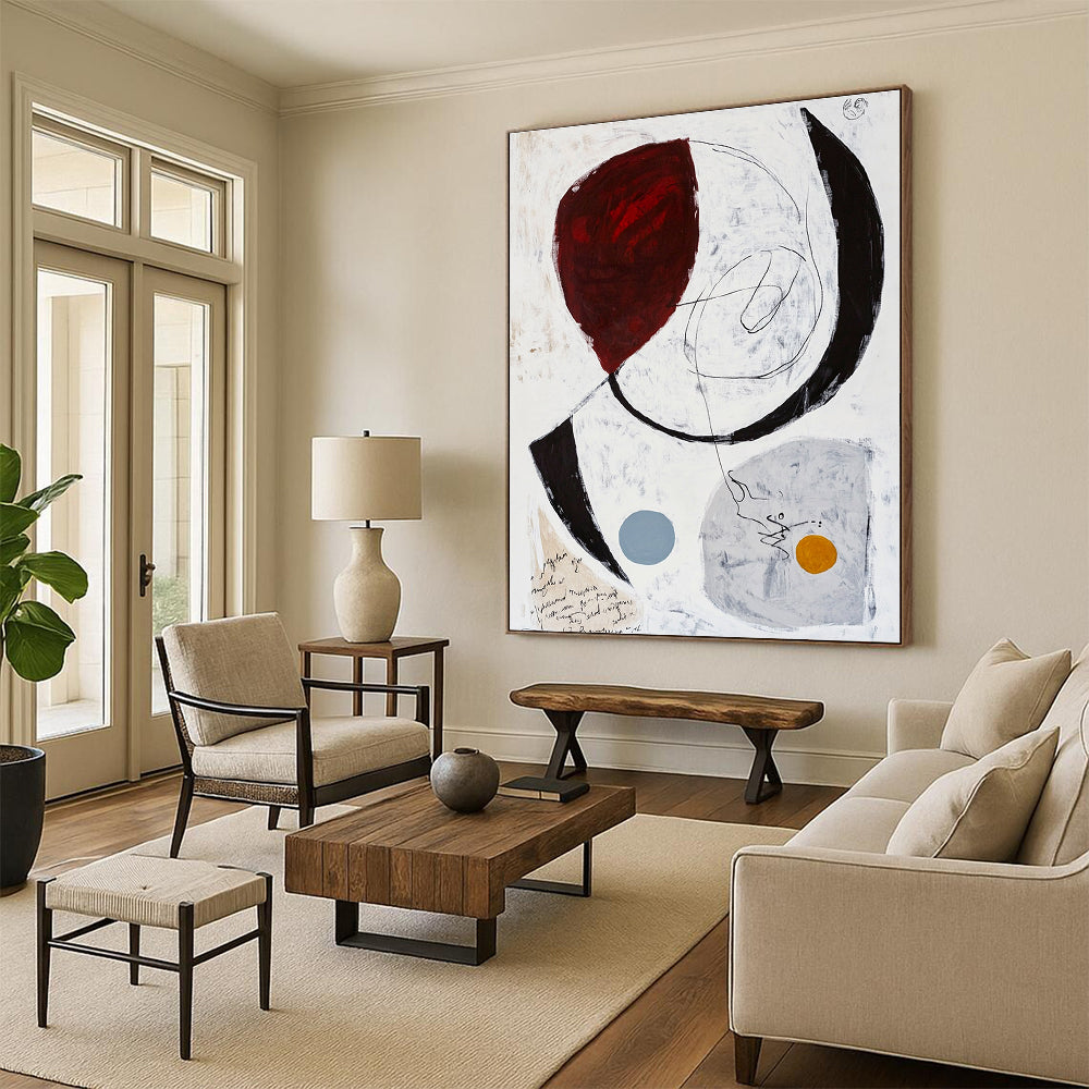 Large abstract painting featuring white grey and red tones with black lines and brown ink scribbles on paper.STSC829