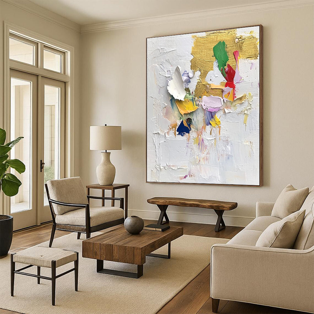 Vibrant Textured Abstract Painting with Gold and Colorful Shapes GER621